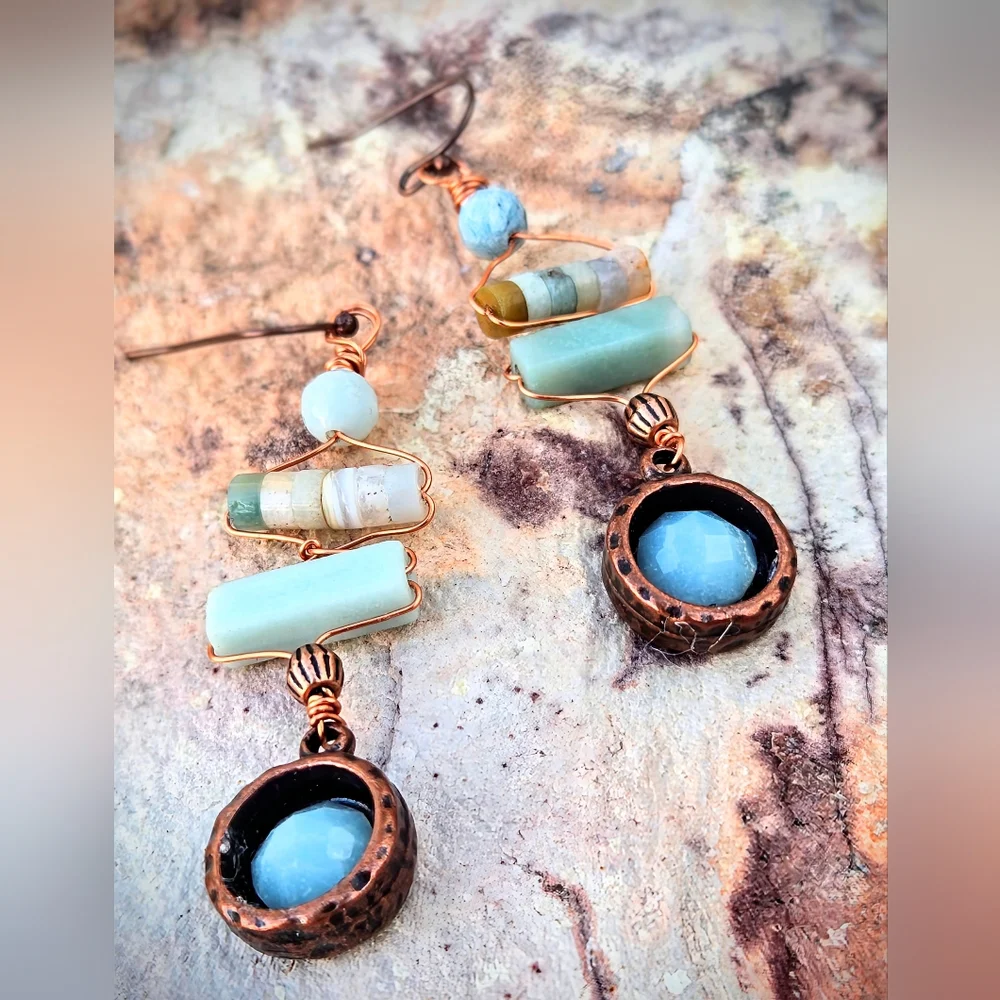 Natural Amazonite In The Scythian Spirit Set In Antique Copper Artifact Earrings - Picture 6 of 11